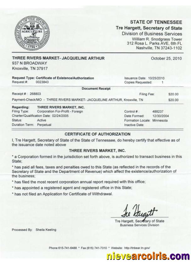 USA Tennessee certificate of good standing